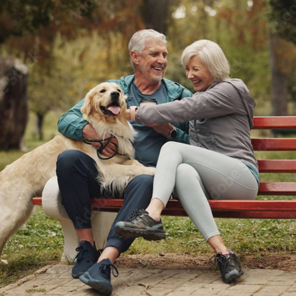 Couple with their dog on a bench in the park