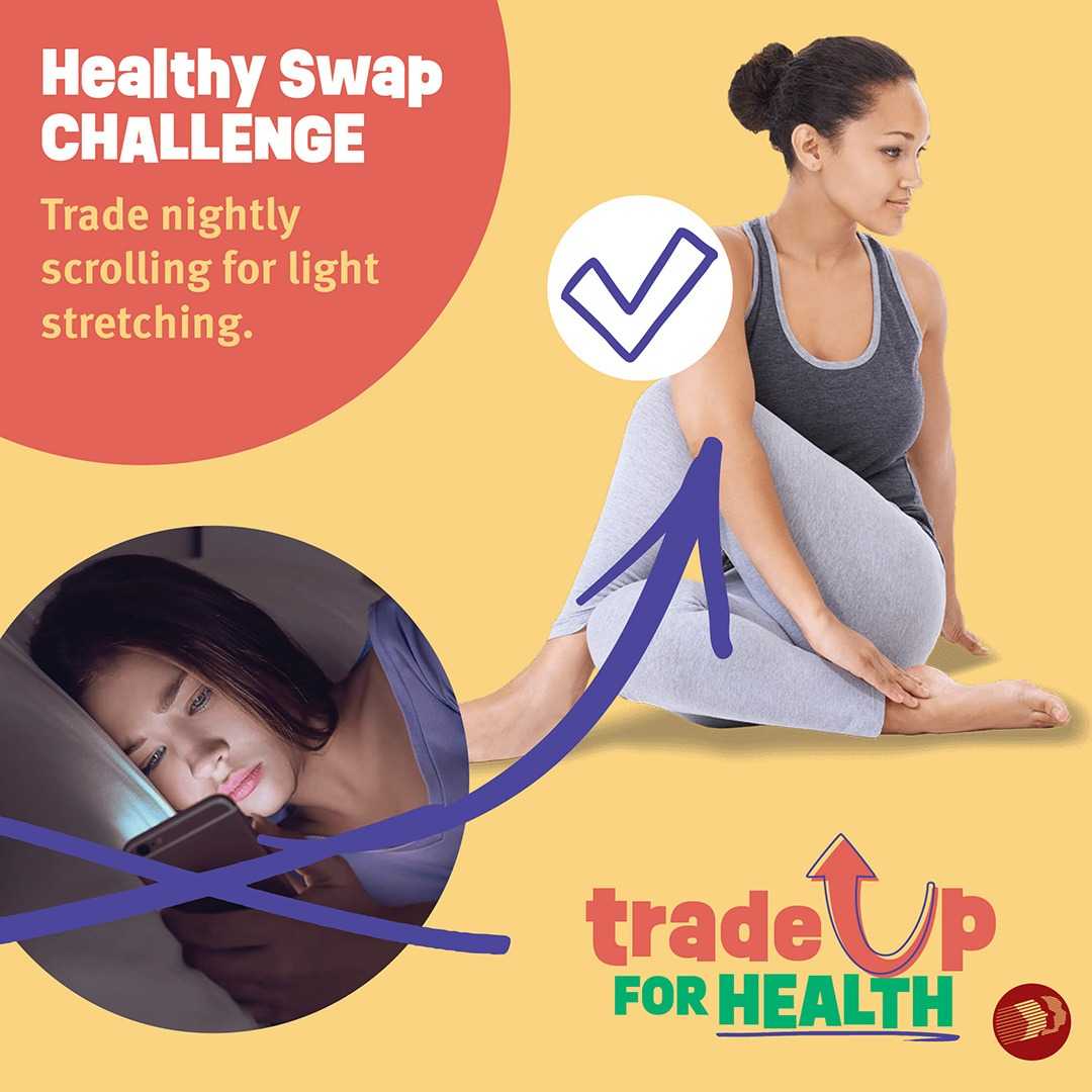 A person on the phone with an arrow pointing to someone doing light stretching.