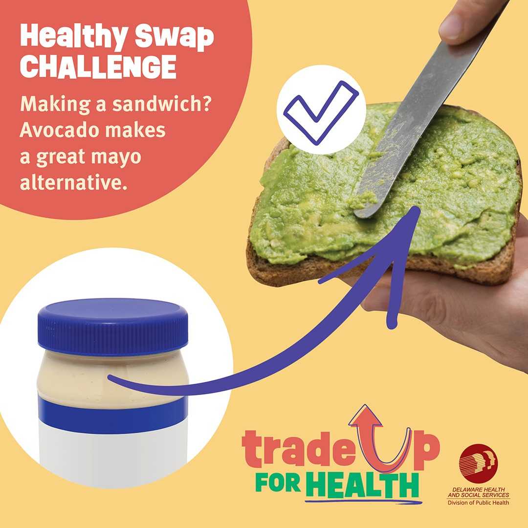 A jar of mayonnaise, with an arrow pointing to an image of a hand holding a slice of bread, while another hand spreads avocado onto it with a butter knife. There’s a checkmark drawn next to the avocado toast.