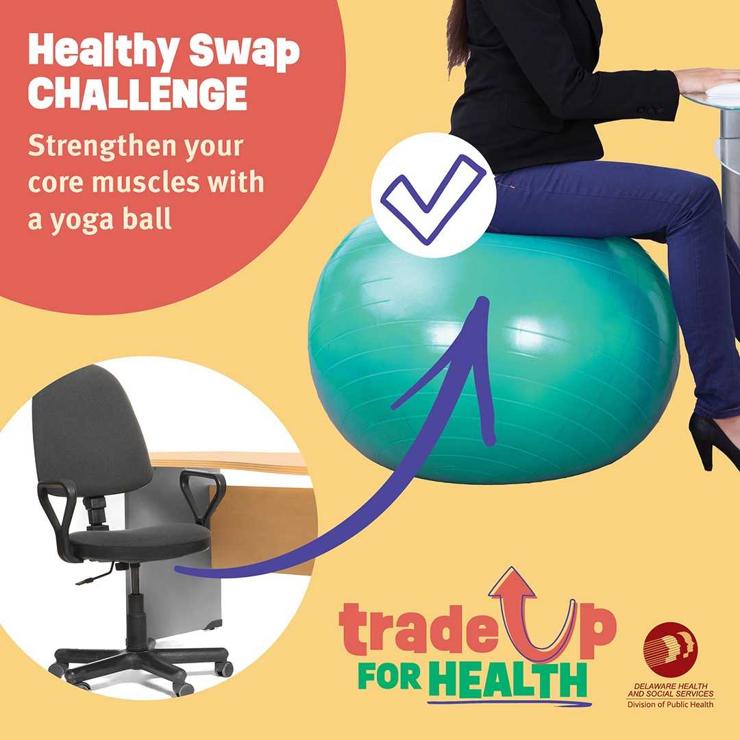 A black office chair at an empty desk, with an arrow pointing to another image of a woman at a desk, seated on an exercise ball. There’s a checkmark drawn next to the exercise ball.