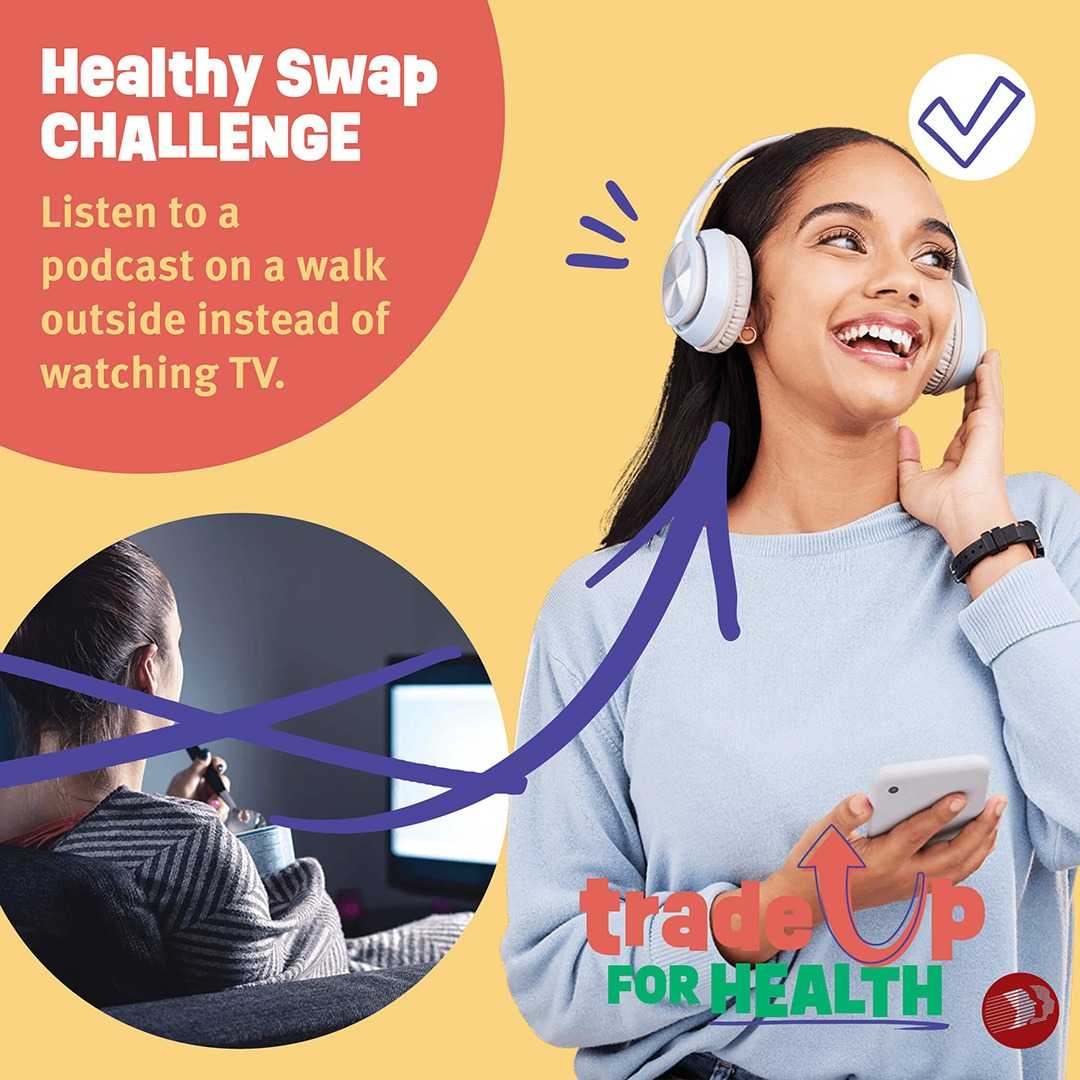 A person watching TV with an arrow pointing to somone listening to a podcast while walking.