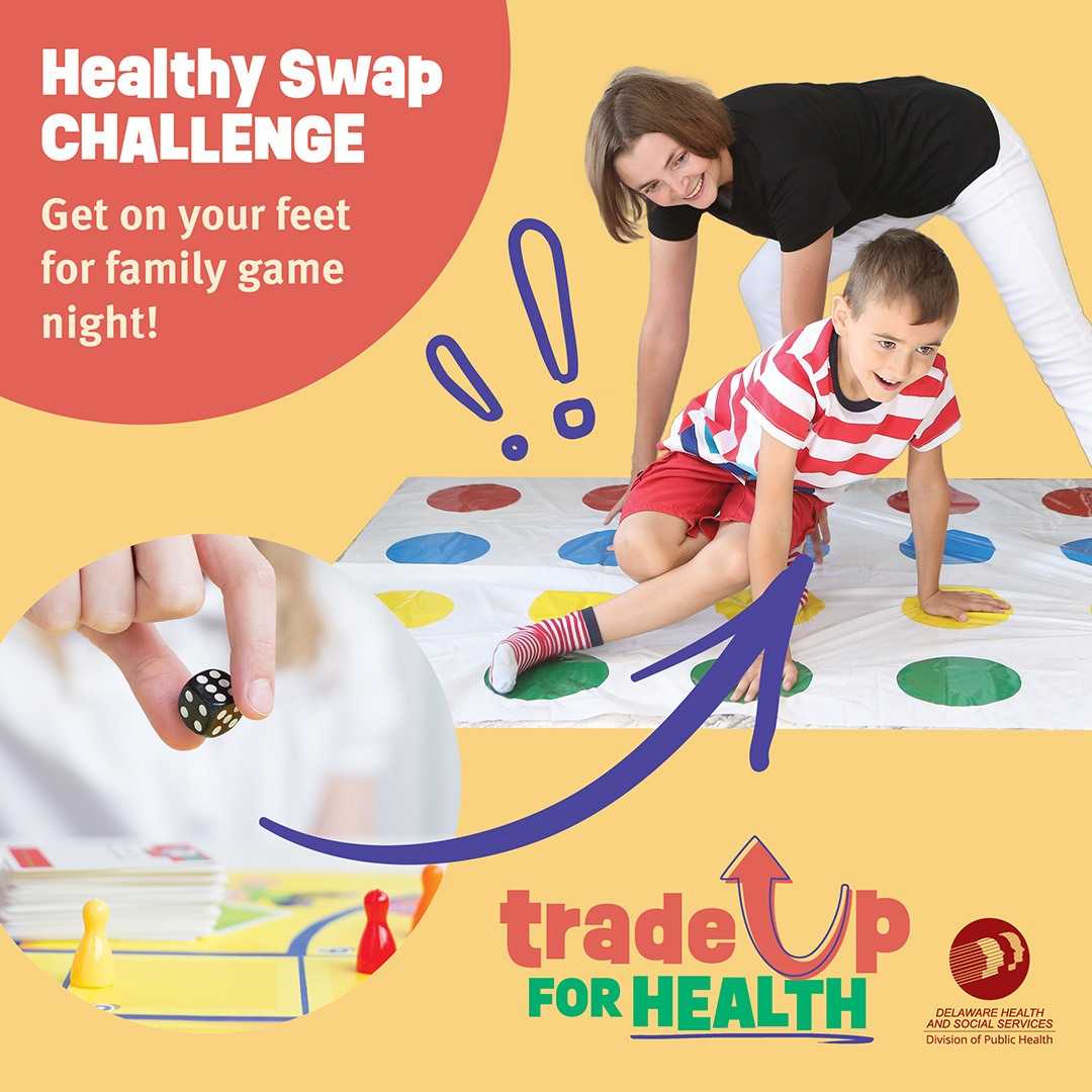 A hand holding a black 6-sided die over a board game, with an arrow pointing to another image of a woman and child playing Twister. There are two exclamation points drawn next to the twister scene.